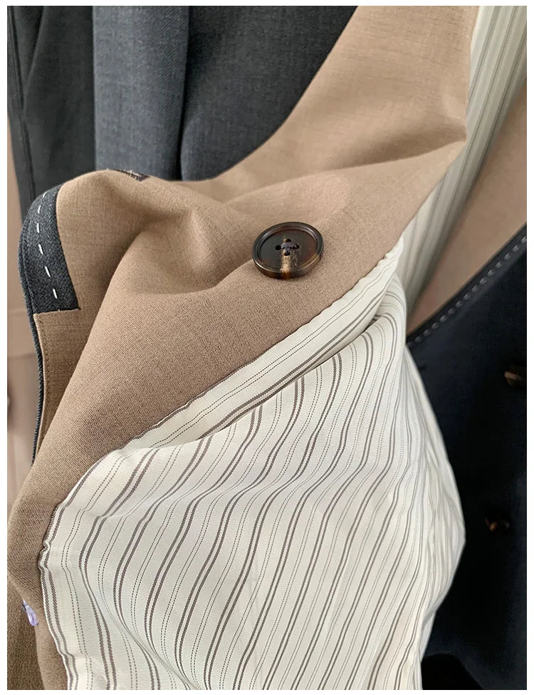 Women’s Silver Pink & Davy Grey blazer in Davy Grey, unfolded to show striped front lining — From Borcelleclothes.