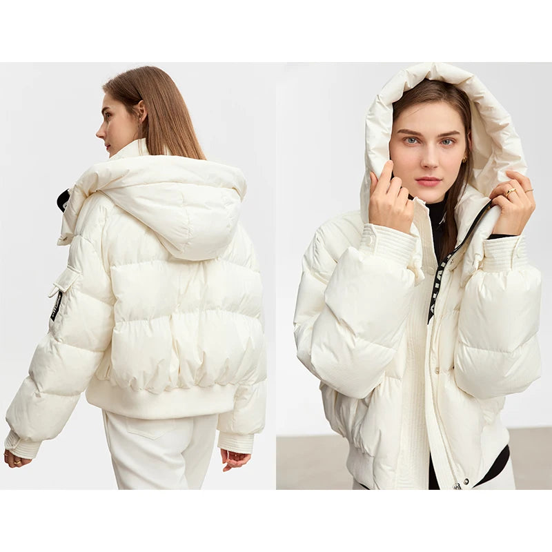 Collage showing front and back views of the Alabaster sleek down jacket with utility sleeve pocket. From Borcelleclothes.