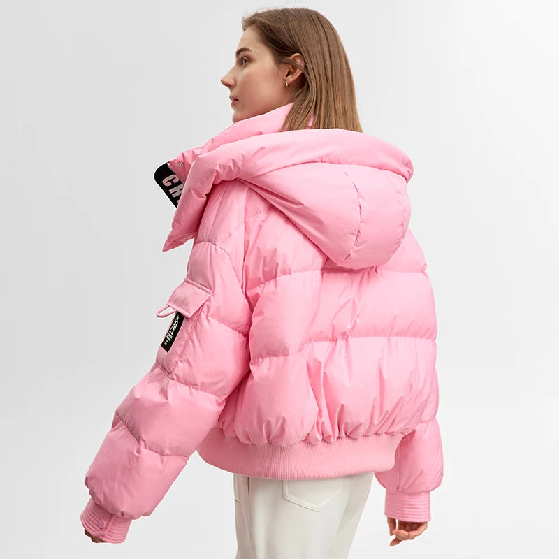 Back view of the Cherry Blossom sleek down jacket. From Borcelleclothes.