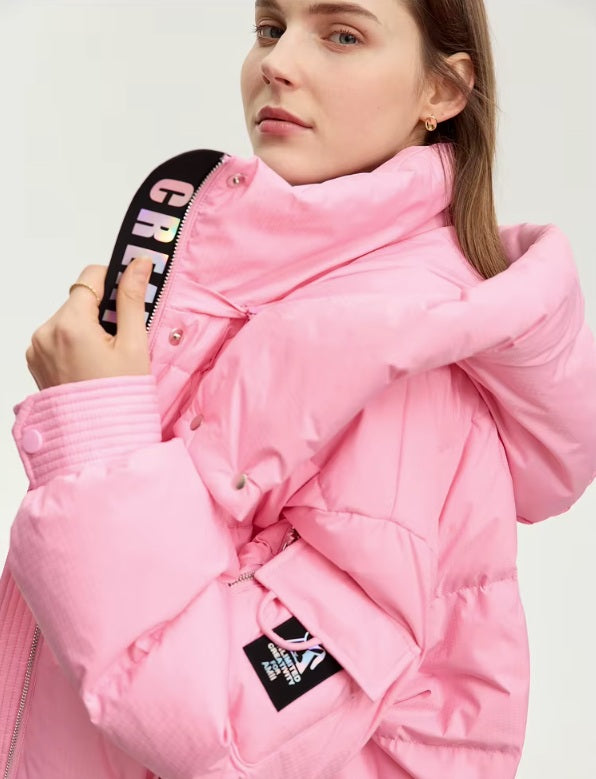 Side view of the Cherry Blossom sleek down jacket with utility sleeve pocket. From Borcelleclothes.