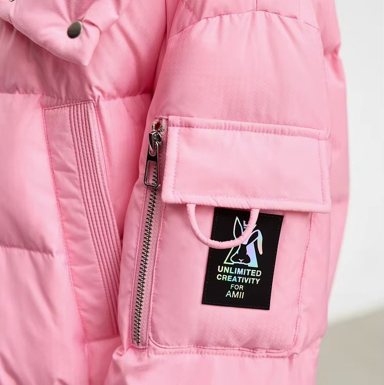 Utility pocket with printed creative detail on the left sleeve of the Cherry Blossom sleek down jacket. From Borcelleclothes.