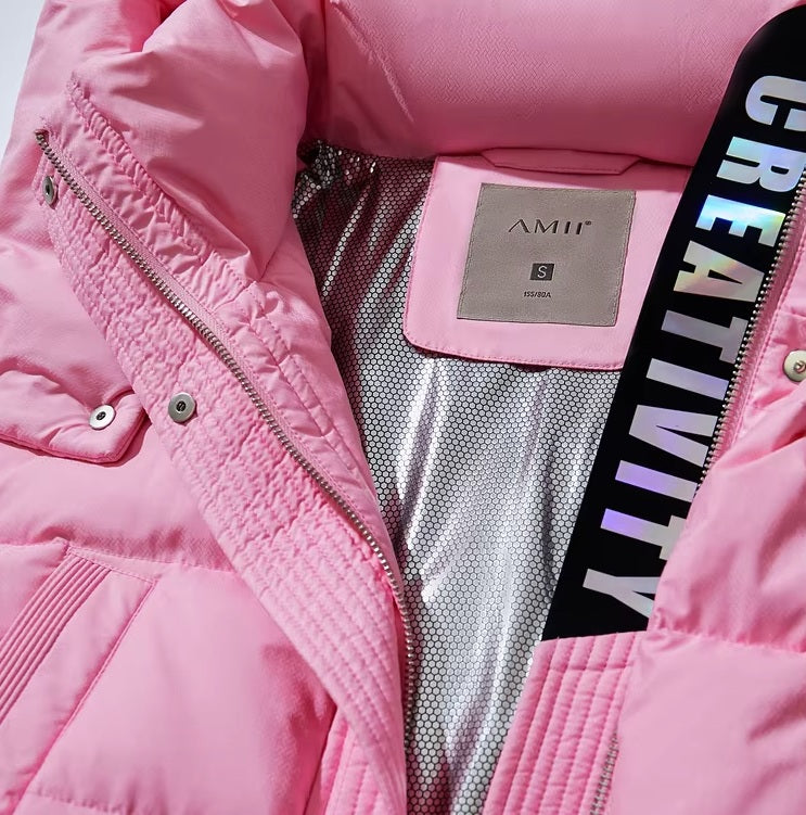 Unzipped upper section of the Cherry Blossom sleek down jacket showing shiny lining with holographic CREATIVITY label. From Borcelleclothes.