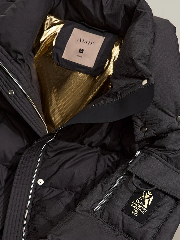 Unzipped upper section of the Onyx sleek down jacket showing shiny lining and internal label. From Borcelleclothes.