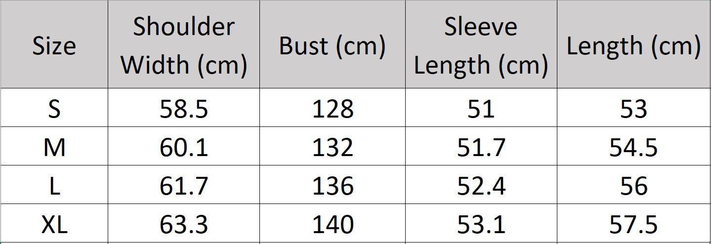 Women's size chart for a sleek down jacket with wrap collar, detachable hood, and utility sleeve pocket featuring creative detail. From Borcelleclothes.