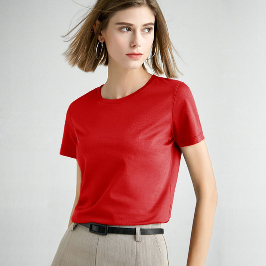 Women's Slim Fit Mercerized Cotton T-Shirt in Chili Pepper, featuring a sleek solid pattern, classic crew neck design, and short sleeves for versatile styling. Made from 100% mercerized cotton for a soft, smooth finish. From Borcelleclothes.
