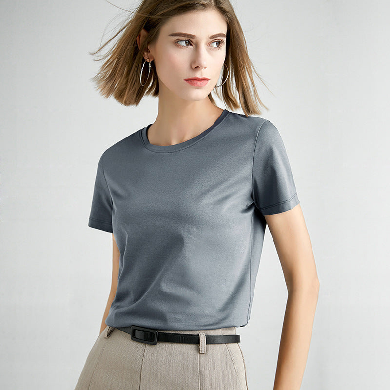 Women's Slim Fit Mercerized Cotton T-Shirt in Shuttle Grey, featuring a sleek solid pattern, classic crew neck design, and short sleeves for versatile styling. Made from 100% mercerized cotton for a soft, smooth finish. From Borcelleclothes.