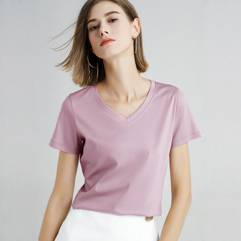 Women's Slim Fit Mercerized Cotton V-Neck T-Shirt in Lily – Expertly crafted from 100% mercerized cotton, featuring a luxuriously soft and smooth finish. This slim fit T-shirt with a modern V-neck design and sleek, solid pattern is perfect for versatile wear, offering both comfort and a timeless silhouette for any occasion. From Borcelleclothes.