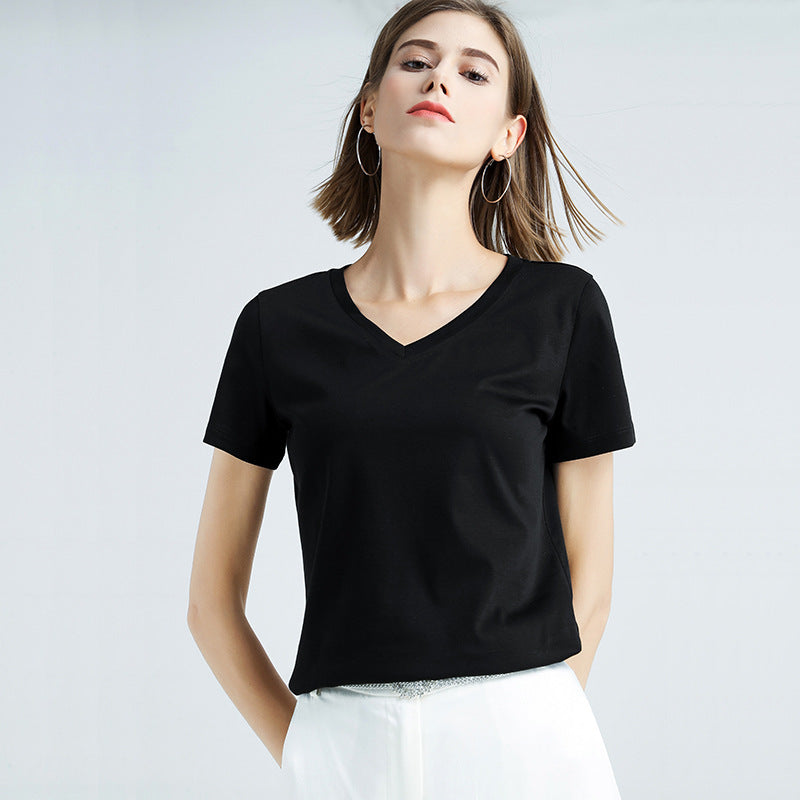 Women's Slim Fit Mercerized Cotton V-Neck T-Shirt in Black – Expertly crafted from 100% mercerized cotton, featuring a luxuriously soft and smooth finish. This slim fit T-shirt with a modern V-neck design and sleek, solid pattern is perfect for versatile wear, offering both comfort and a timeless silhouette for any occasion. From Borcelleclothes.