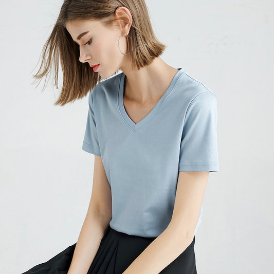 Women's Slim Fit Mercerized Cotton V-Neck T-Shirt in Pale Aqua – Expertly crafted from 100% mercerized cotton, featuring a luxuriously soft and smooth finish. This slim fit T-shirt with a modern V-neck design and sleek, solid pattern is perfect for versatile wear, offering both comfort and a timeless silhouette for any occasion. From Borcelleclothes.