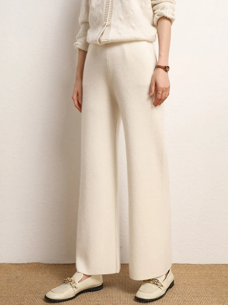 Women's Straight Cut Alashan cashmere trousers in Almond, featuring a straight cut, front slash pockets, and a ribbed waistband — From Borcelleclothes.