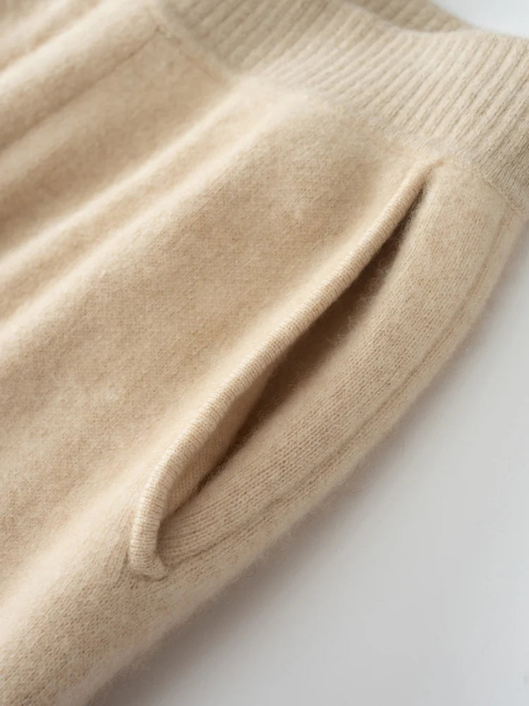 Close-up of front slash pocket in Desert Sand cashmere trousers — From Borcelleclothes.