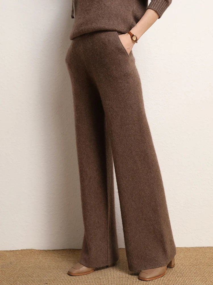 Women's Straight Cut Alashan cashmere trousers in Irish Coffee, featuring a straight cut, front slash pockets, and a ribbed waistband — From Borcelleclothes.