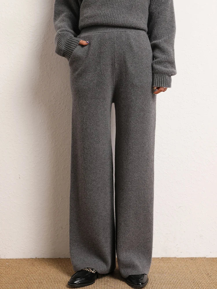 Women's Straight Cut Alashan cashmere trousers in Storm Dust, featuring a straight cut, front slash pockets, and a ribbed waistband — From Borcelleclothes.