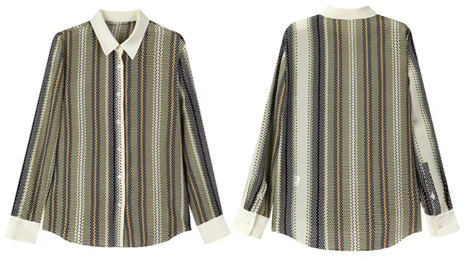 Collage showing the front, back, and draped details of a striped 3D geometric silk shirt, featuring a colorful pattern and cream accents. From Borcelleclothes.