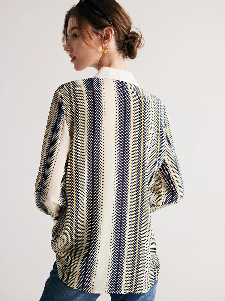 Back of a striped 3D geometric silk shirt with stacked cubes and contrasting cream collar and cuffs. From Borcelleclothes.