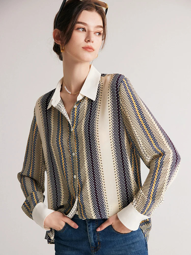 Model wearing a striped 3D geometric silk shirt with hands in jeans pockets, showing the shirt’s casual styling options. From Borcelleclothes.