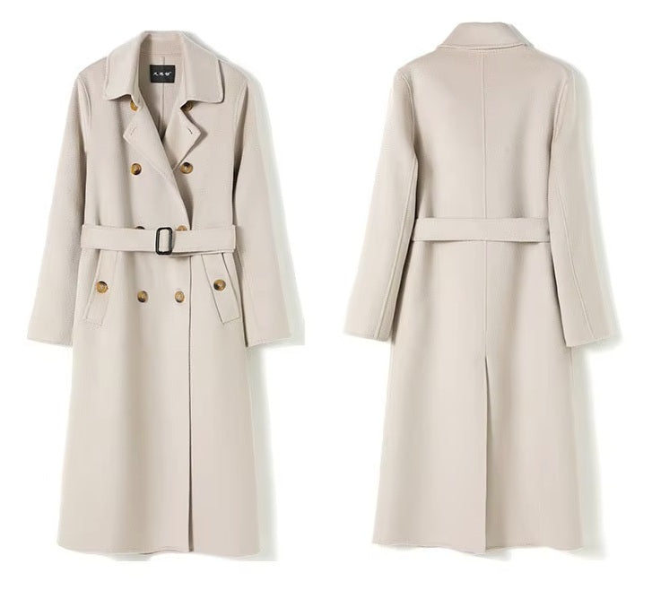 Front and back views of the Pearl Bush structured wool coat on hanger. From Borcelleclothes.