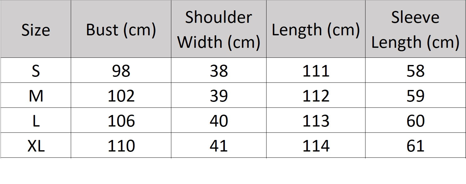 Women's size chart for a Structured Wool Coat—a mid-calf double-breasted silhouette with a pointed collar, and adjustable belt. From Borcelleclothes.