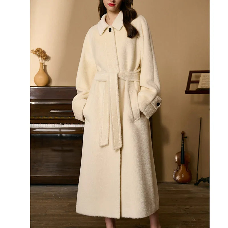 Women's Suri Alpaca Wool Coat in Pearl Bush — single-breasted design with pointed collar, decorative top button, and raglan sleeves. From Borcelleclothes.