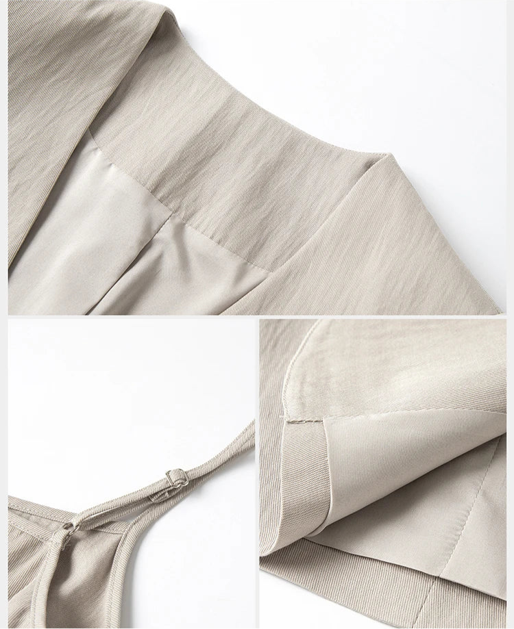Collage showing jacket neckline, hem detail, and dress strap — highlighting contrast between structure and fluidity. From Borcelleclothes.