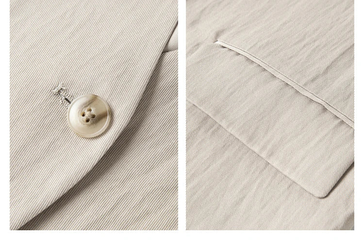 Detail collage of horn button and flap pocket — elegant touches on the Swiss Coffee jacket. From Borcelleclothes.