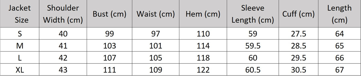 Women’s size chart for a jacket of the two-piece set in Swiss Coffee color featuring a single-breasted jacket with long sleeves and an A-line camisole dress with adjustable straps. From Borcelleclothes.