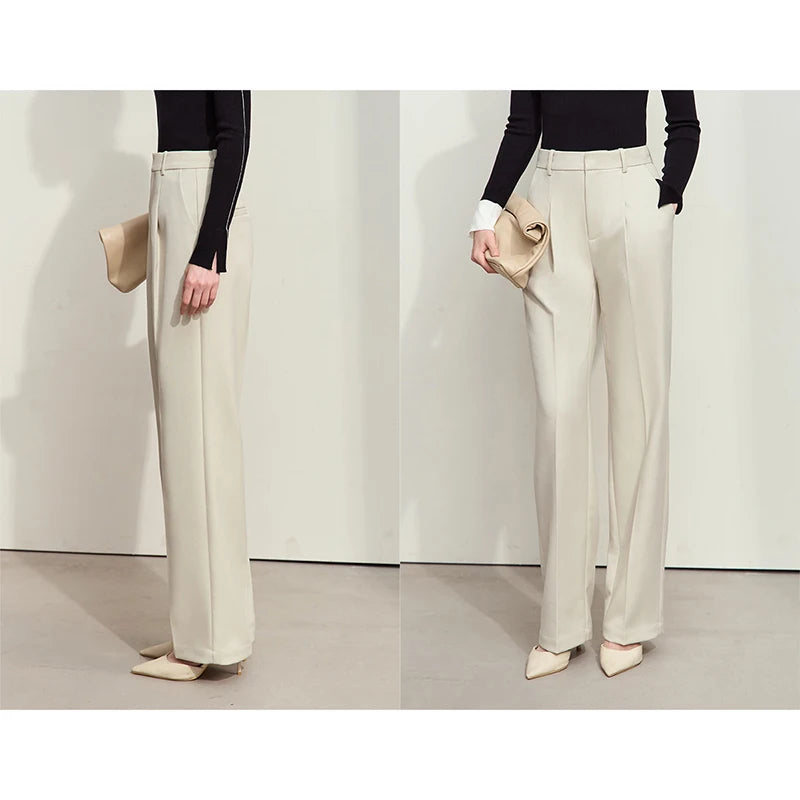 Tailored loose-fitting trousers in Moon Mist — modern silhouette with clean lines, subtle pleats, and no hint of retro. From Borcelleclothes.