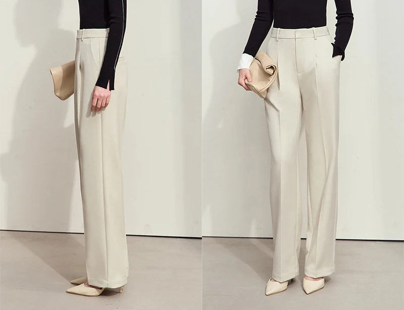 Tailored loose-fitting trousers in Moon Mist — modern silhouette with clean lines, subtle pleats, and no hint of retro. From Borcelleclothes.