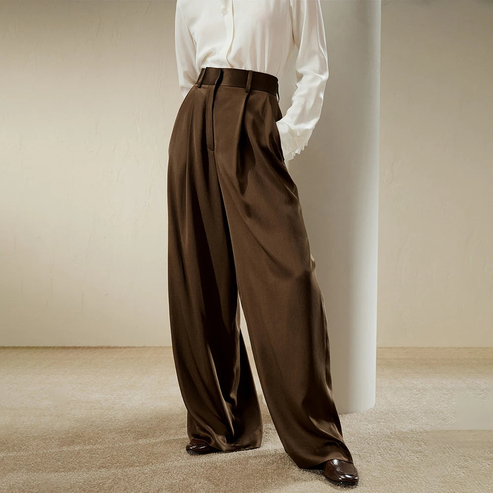 Women's tailored wide-leg silk trousers in Cafe Noir, highlighting fluid drape and structured elegance. From Borcelleclothes.