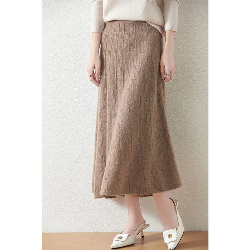Women's A-line merino wool skirt in Pale Taupe, with vertical and wave-textured knit, mid-calf length, in soft premium fabric — From Borcelleclothes.