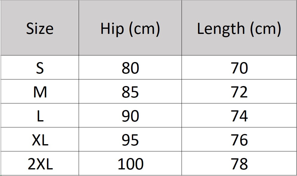 Women's size chart for an A-line merino wool skirt, with vertical and wave-textured knit, mid-calf length, in soft premium fabric — From Borcelleclothes.