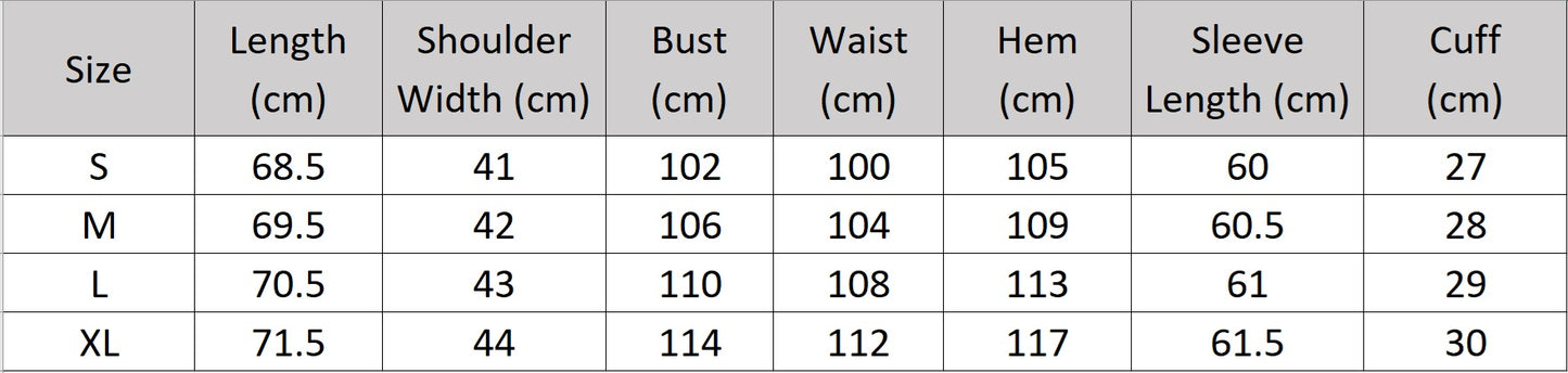 Women's size chart for a textured pinstripe crinkle blazer, hip-length with a clean V-neckline, defined by freedom. From Borcelleclothes.