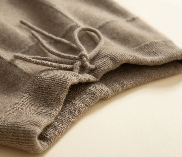 Waistband and drawstring detail of Traced Seaming Cashmere Trousers in Almond Frost — From Borcelleclothes.