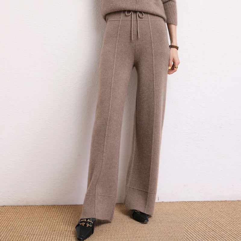 Women's Traced Seaming Cashmere Trousers in Almond Frost, with traced seaming, yoke-inspired accents, and ribbed waistband with drawstring — From Borcelleclothes.