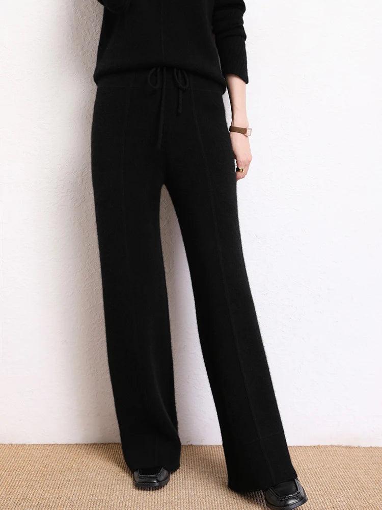 Women's Traced Seaming Cashmere Trousers in Onyx, with traced seaming, yoke-inspired accents, and ribbed waistband with drawstring — From Borcelleclothes.