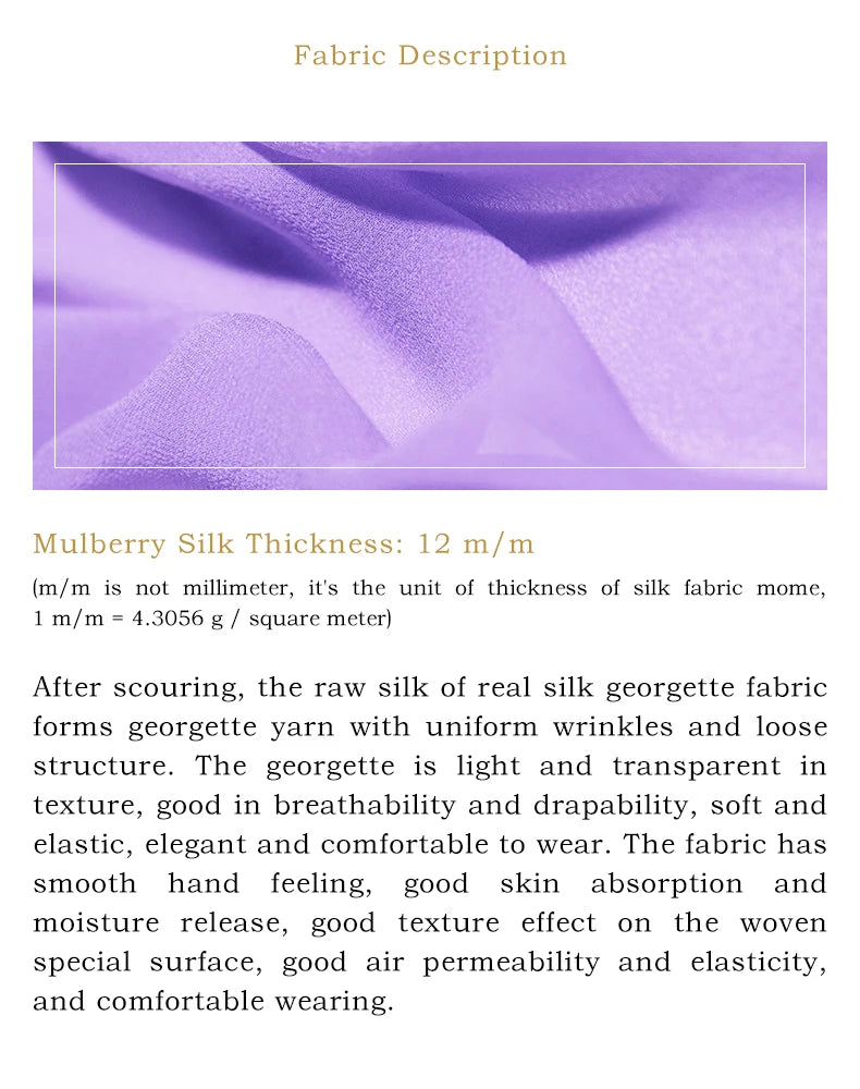 Close-up image of 12 Momme Mulberry silk georgette fabric in Cold Purple with fabric description highlighting breathability, drape, and comfort. From Borcelleclothes.
