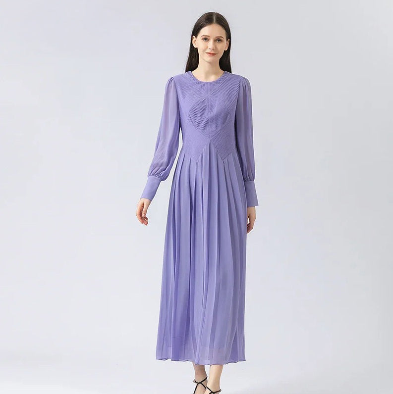 Women's silk georgette dress in Cold Purple featuring sculptural tuck-panel bodice with vest illusion and softly pleated skirt. From Borcelleclothes.