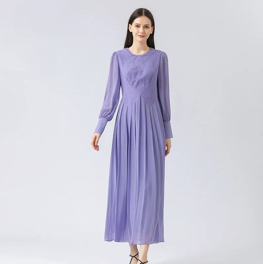 Women's silk georgette dress in Cold Purple featuring sculptural tuck-panel bodice with vest illusion and softly pleated skirt. From Borcelleclothes.