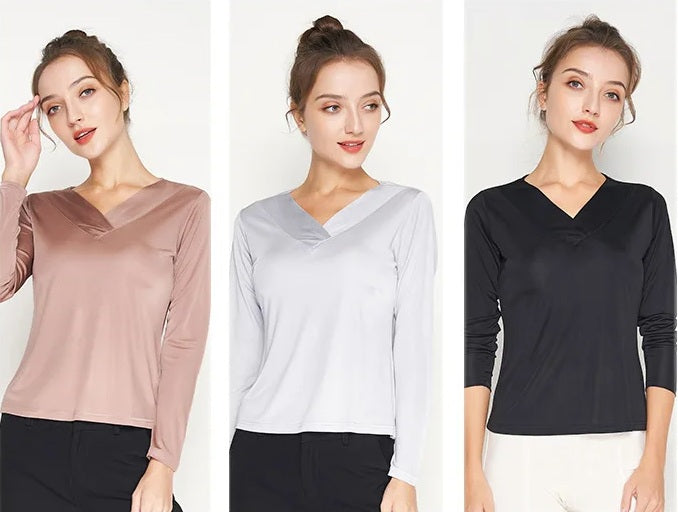 Collage of a model wearing a Women's Vintage-Inspired Silk Top in Rose Fog, Lavender Mist, and Dark Grey. From Borcelleclothes.