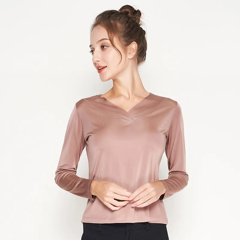 Women's Vintage-Inspired Silk Top in Rose Fog, featuring a V-neckline with delicate pleats and long sleeves in a Mulberry Silk blend. From Borcelleclothes.