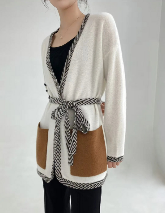 Women's 100% cashmere cardigan in Whispering Smoke with soft semi-sheer knit and chevron trim — From Borcelleclothes.