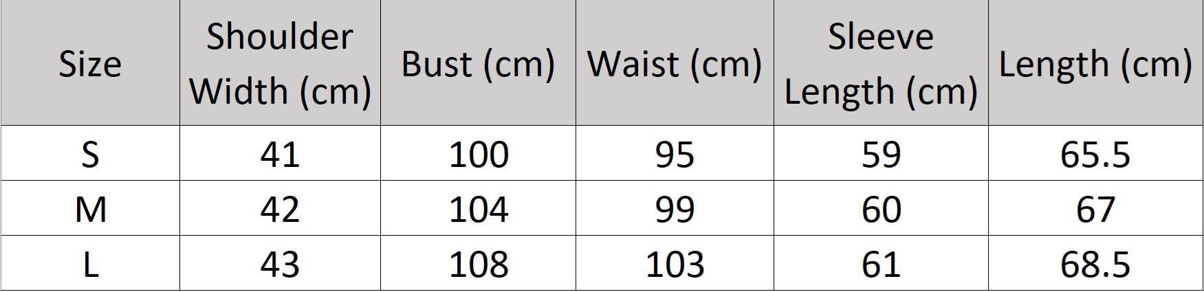 Women’s size chart for a White Coffee blazer with straight silhouette, jacquard-covered cuffs, and asymmetrical pocket detail — a textured design shaped by natural fibers and quiet complexity. From Borcelleclothes.