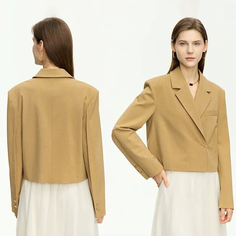 Collage of back and front views of the Women’s Wire Knot Detail Blazer in French Beige. From Borcelleclothes.