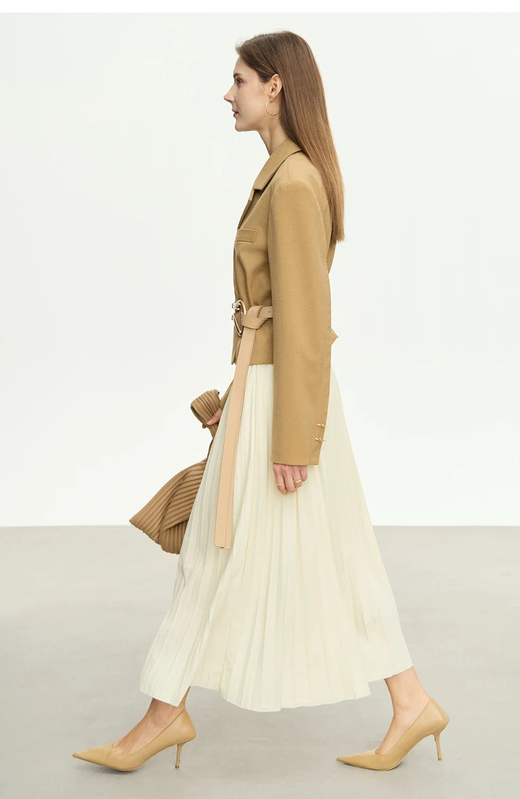 Side view of the Women’s Wire Knot Detail Blazer in French Beige. From Borcelleclothes.