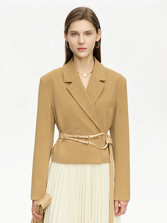 Women’s Wire Knot Detail Blazer in French Beige, with notch lapels, decorative wire-knot buttons, and precise tailoring. From Borcelleclothes.