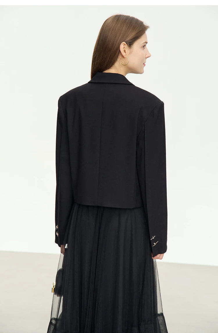 Back view of the Women’s Wire Knot Detail Blazer in Onyx. From Borcelleclothes.