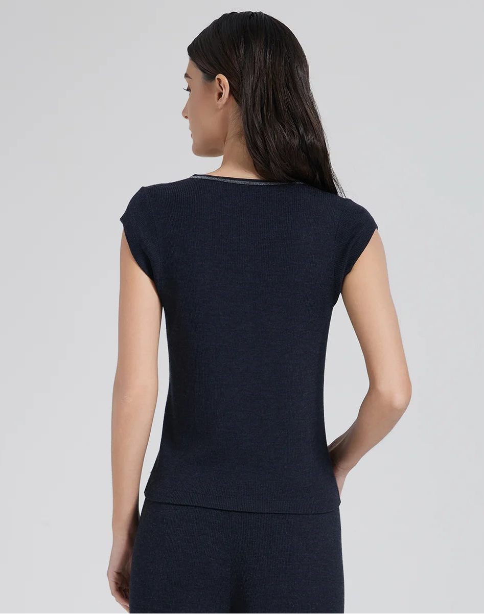 Back view of the women's wool-silk top in Black Pearl, showing the smooth knit and cap sleeve design. From Borcelleclothes.