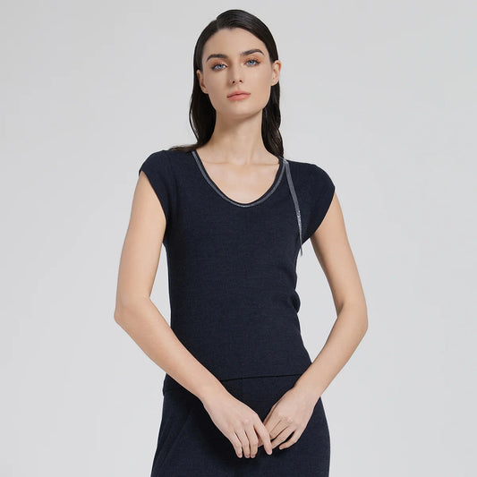 Women's wool-silk knit top in Black Pearl with rhinestone fringe trim at neckline and shoulder, featuring inset cap sleeves and a smooth, body-skimming fit. From Borcelleclothes.