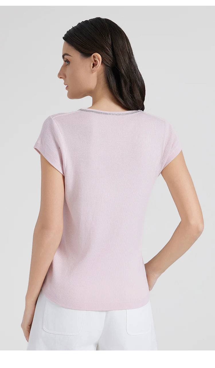 Back view of the Prim wool-silk top, showing the fine knit texture and refined sleeve construction. From Borcelleclothes.