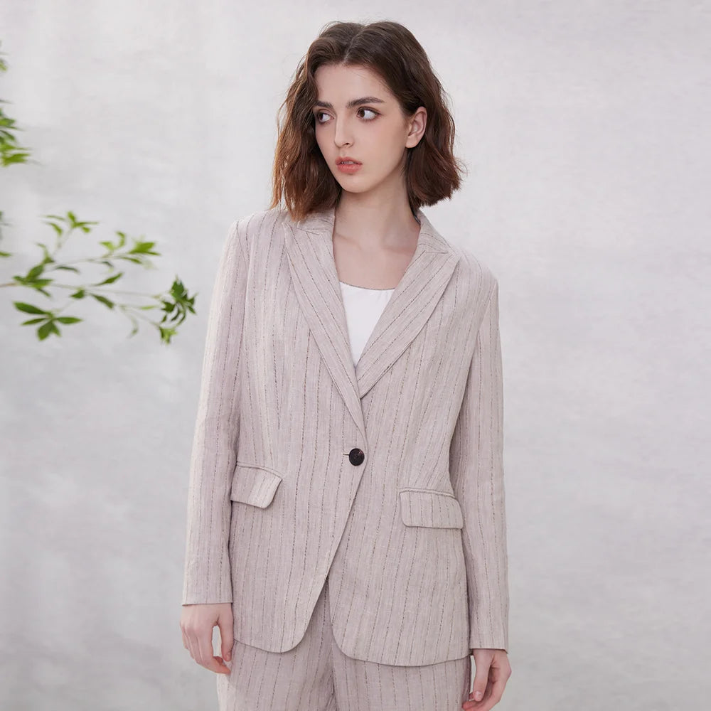 Women’s woven stripes linen blazer in Pink Swan, with twisted-yarn striped texture and peaked lapels. From Borcelleclothes.